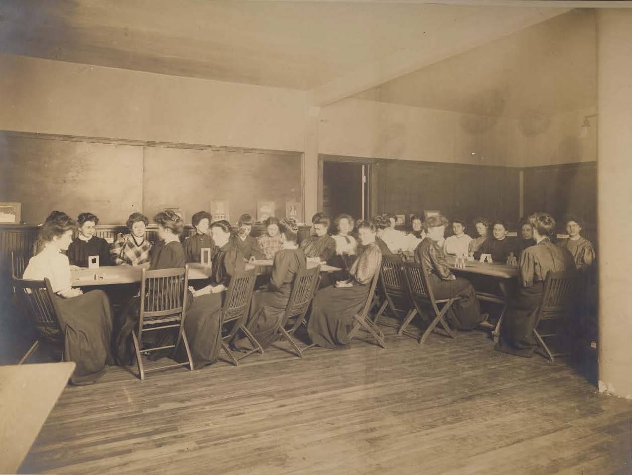 Students using Froebel Gifts in a classroom at the Chicago Kindergarten College in Chicago, Illinois, circa 1900.