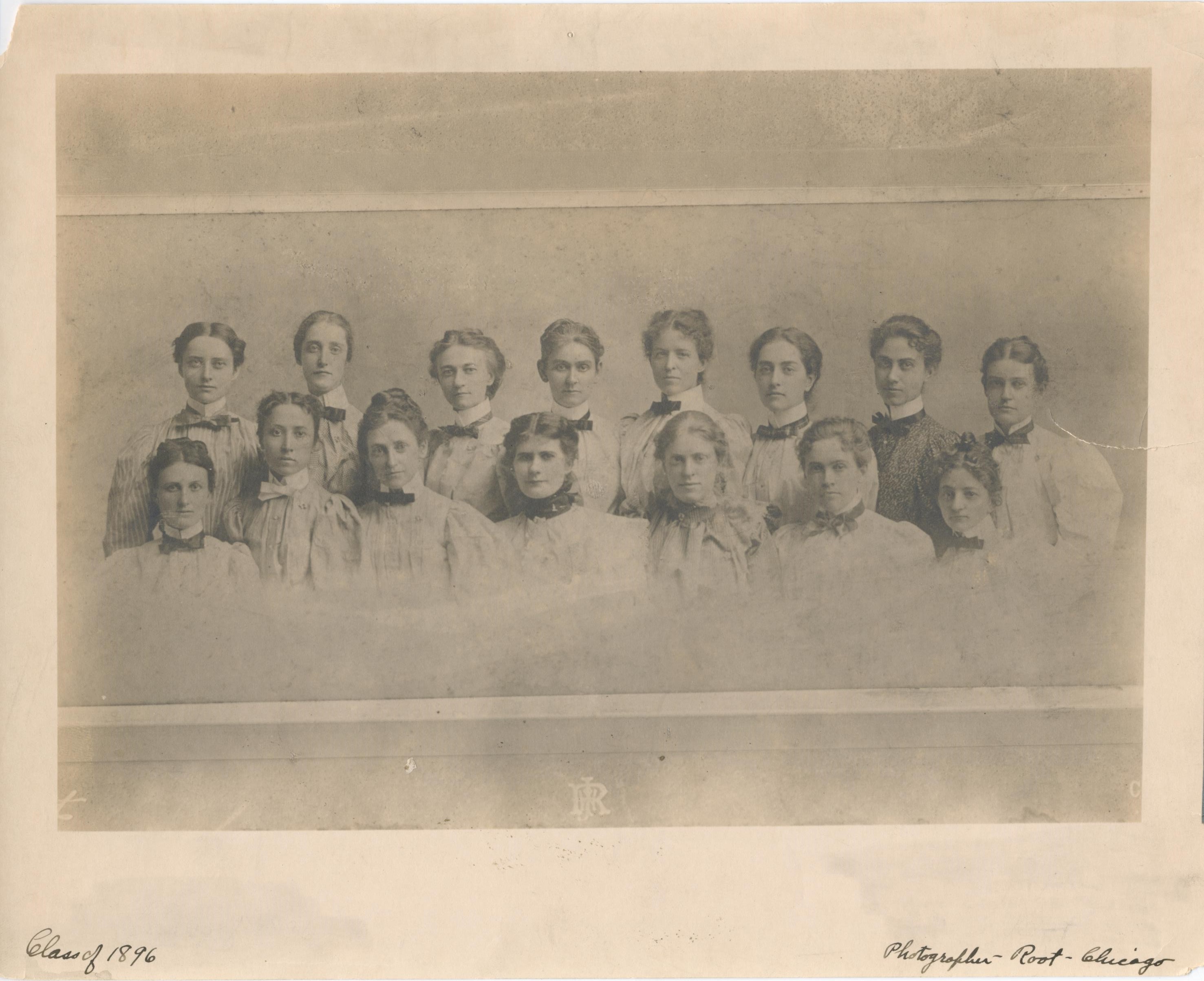 Class of 1896 of the Chicago Kindergarten College, circa 1896. Possibly photographed by W. J. Root. of Kimball Hall.