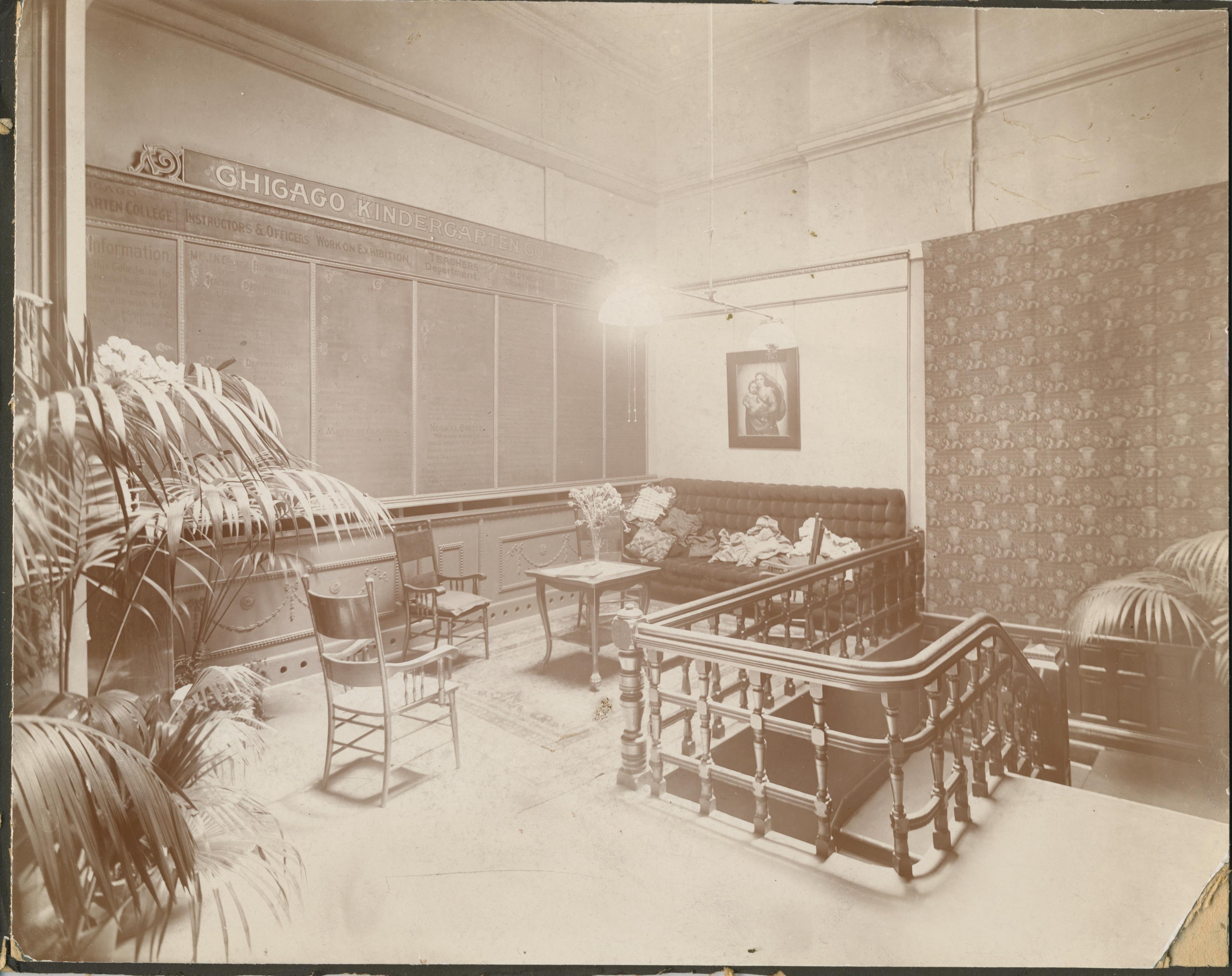 Photograph of the reception area of the Chicago Kindergarten College at 10 East Van Buren Street in Chicago, Illinois, circa 1900.