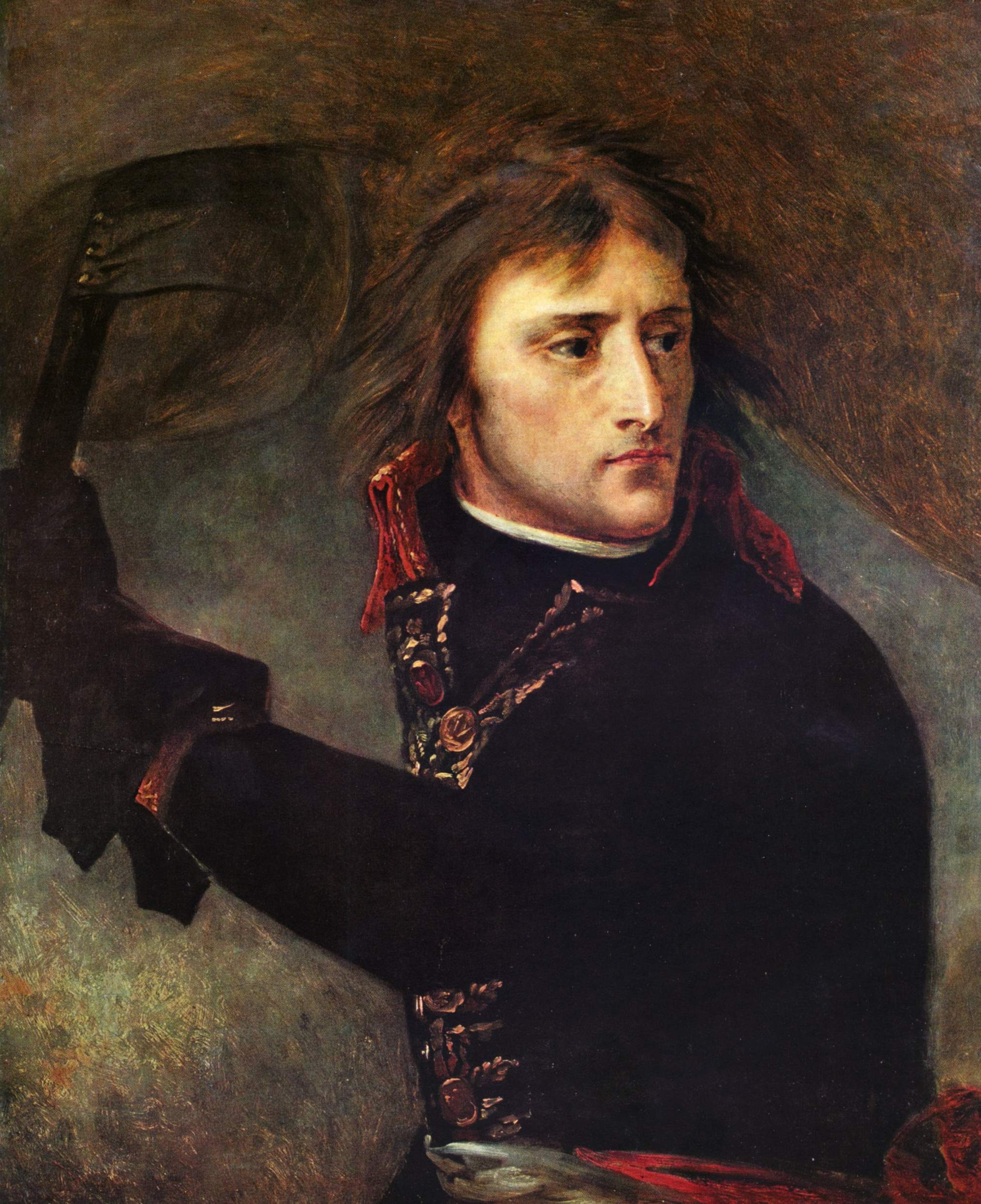 A waist-up portrait of a young Napoleon Bonaparte in a dark military uniform with a red collar, looking intensely to his right while holding a flag staff.